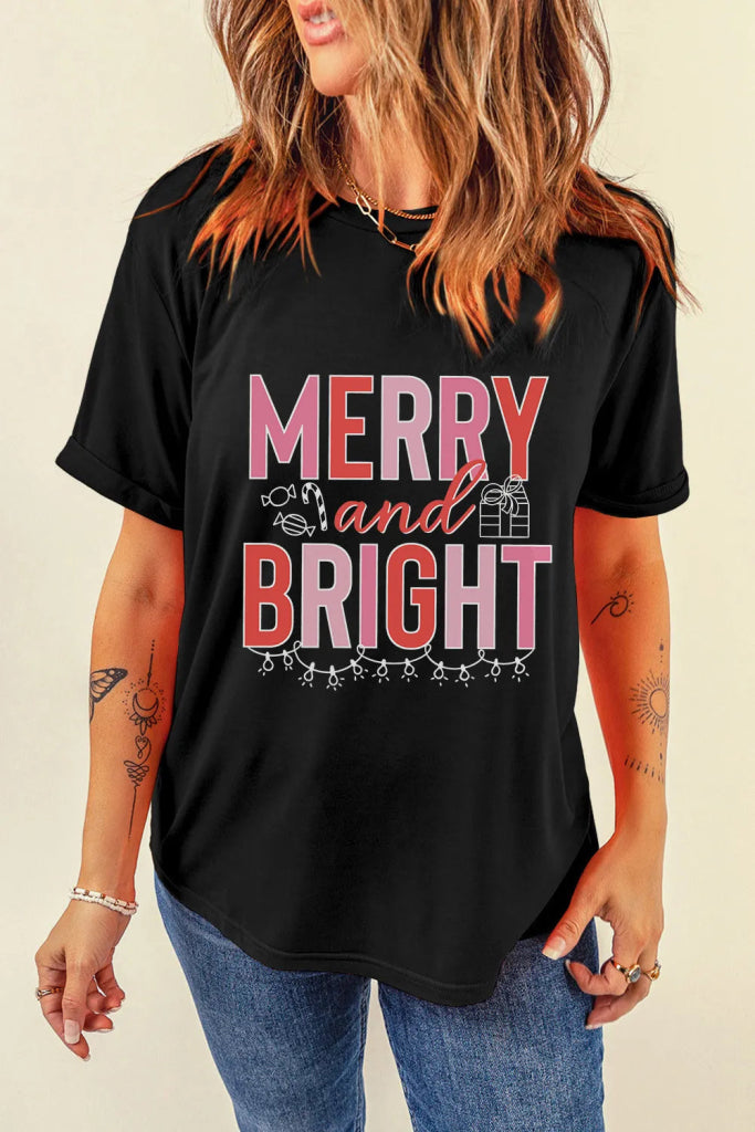 MERRY AND BRIGHT Round Neck Short Sleeve T-Shirt - Black by Trendsi from FREYA’S CLOSET