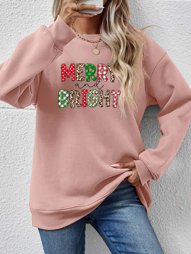 MERRY AND BRIGHT Round Neck Sweatshirt - Blush Pink by Trendsi from FREYA’S CLOSET