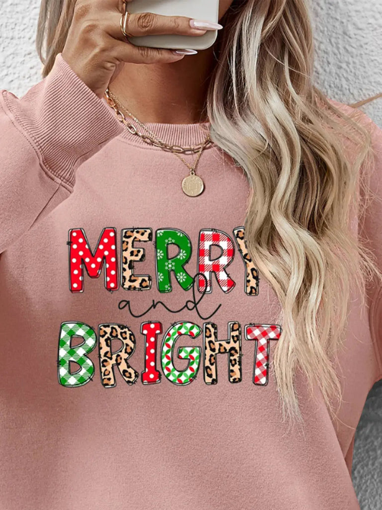 MERRY AND BRIGHT Round Neck Sweatshirt - Blush Pink by Trendsi from FREYA’S CLOSET