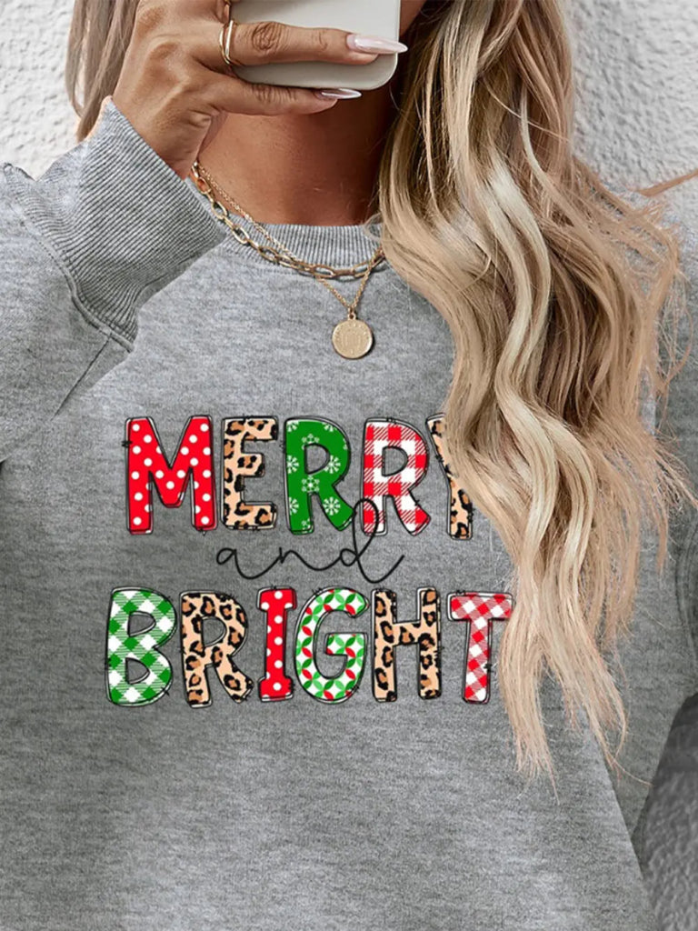 MERRY AND BRIGHT Round Neck Sweatshirt - Dark Gray by Trendsi from FREYA’S CLOSET