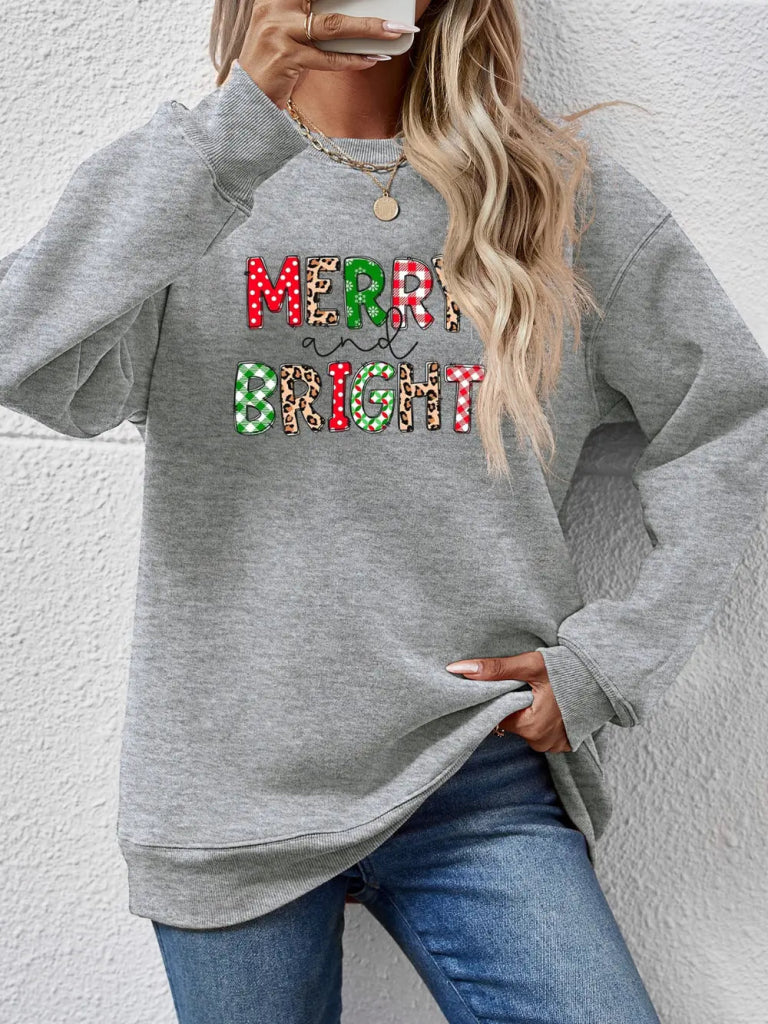 MERRY AND BRIGHT Round Neck Sweatshirt - Dark Gray by Trendsi from FREYA’S CLOSET