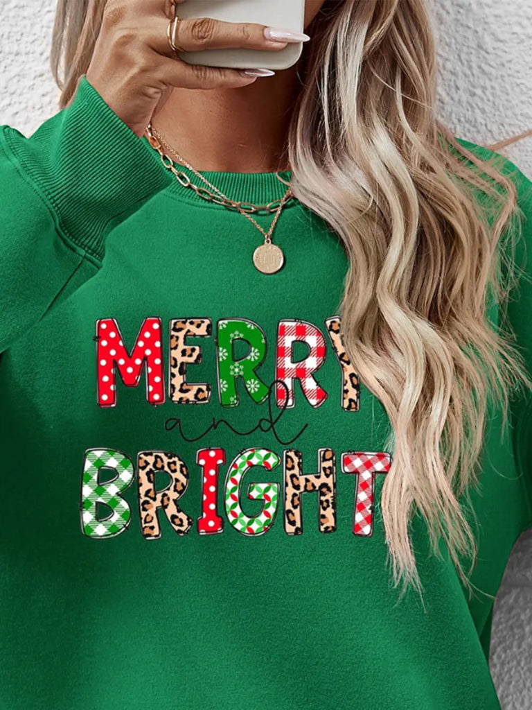 MERRY AND BRIGHT Round Neck Sweatshirt - Dark Green by Trendsi from FREYA’S CLOSET