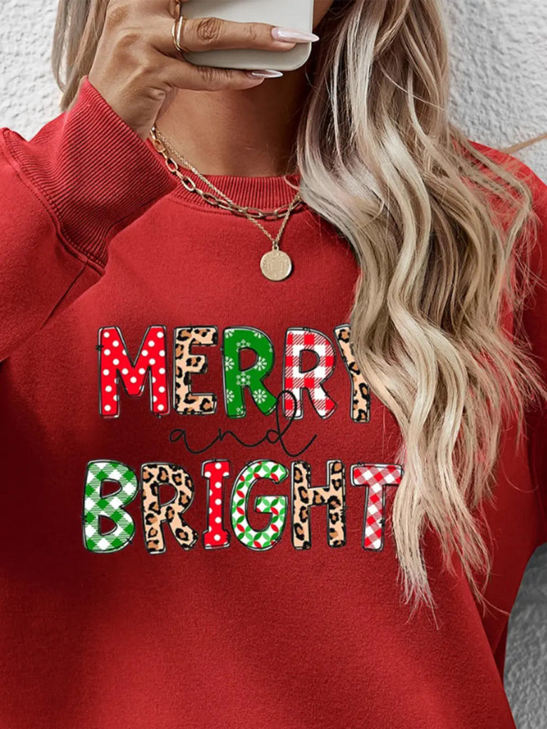 MERRY AND BRIGHT Round Neck Sweatshirt - Deep Red by Trendsi from FREYA’S CLOSET