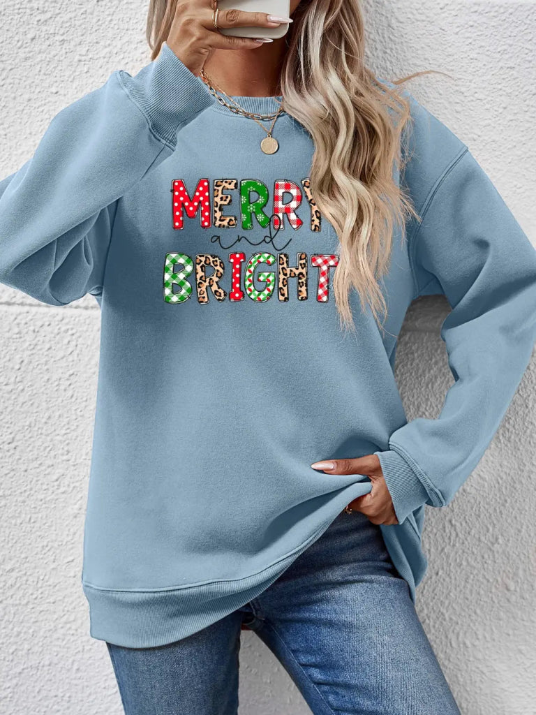 MERRY AND BRIGHT Round Neck Sweatshirt - Light Blue by Trendsi from FREYA’S CLOSET