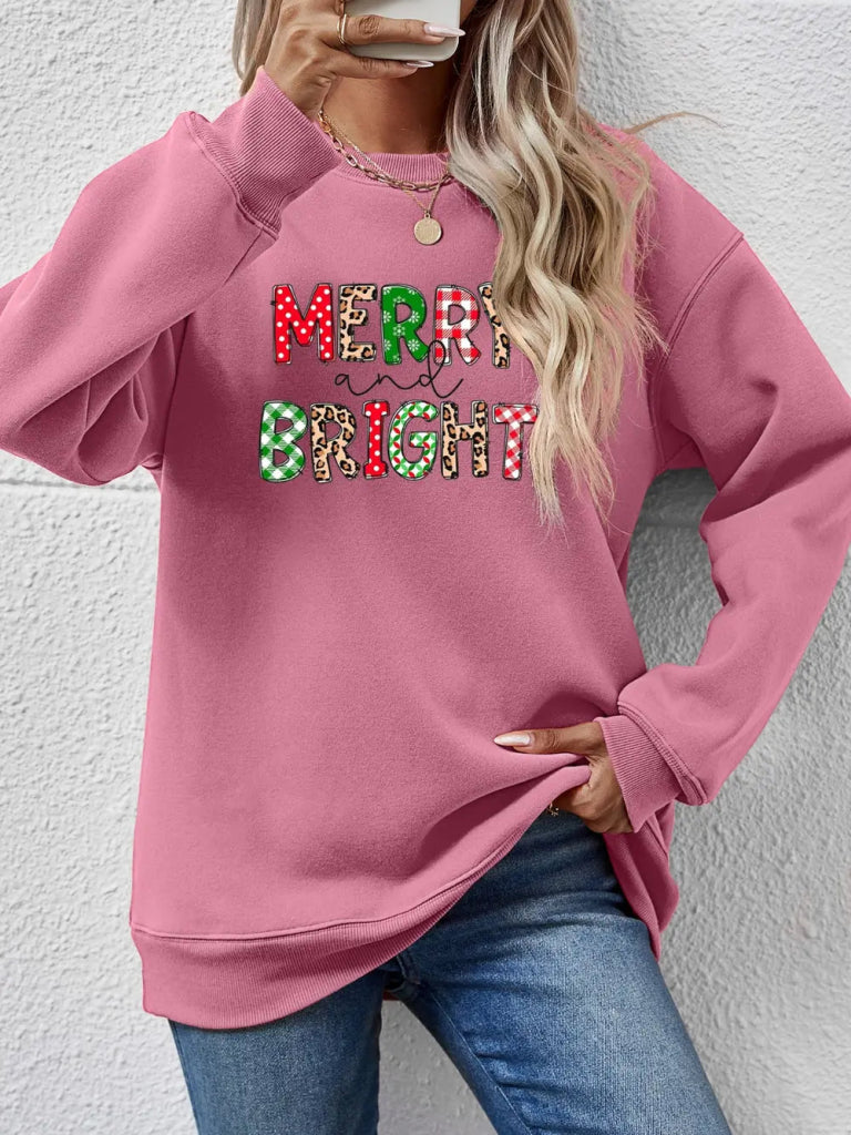 MERRY AND BRIGHT Round Neck Sweatshirt - Pink Purple by Trendsi from FREYA’S CLOSET