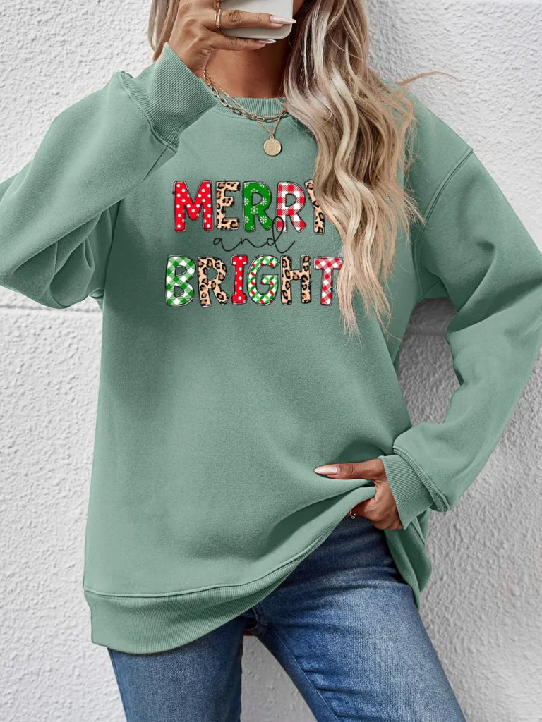 MERRY AND BRIGHT Round Neck Sweatshirt - Sage by Trendsi from FREYA’S CLOSET