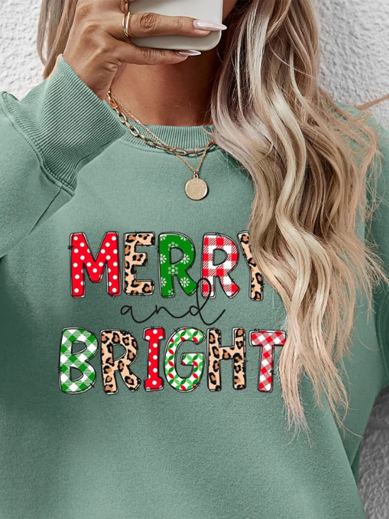 MERRY AND BRIGHT Round Neck Sweatshirt - Sage by Trendsi from FREYA’S CLOSET