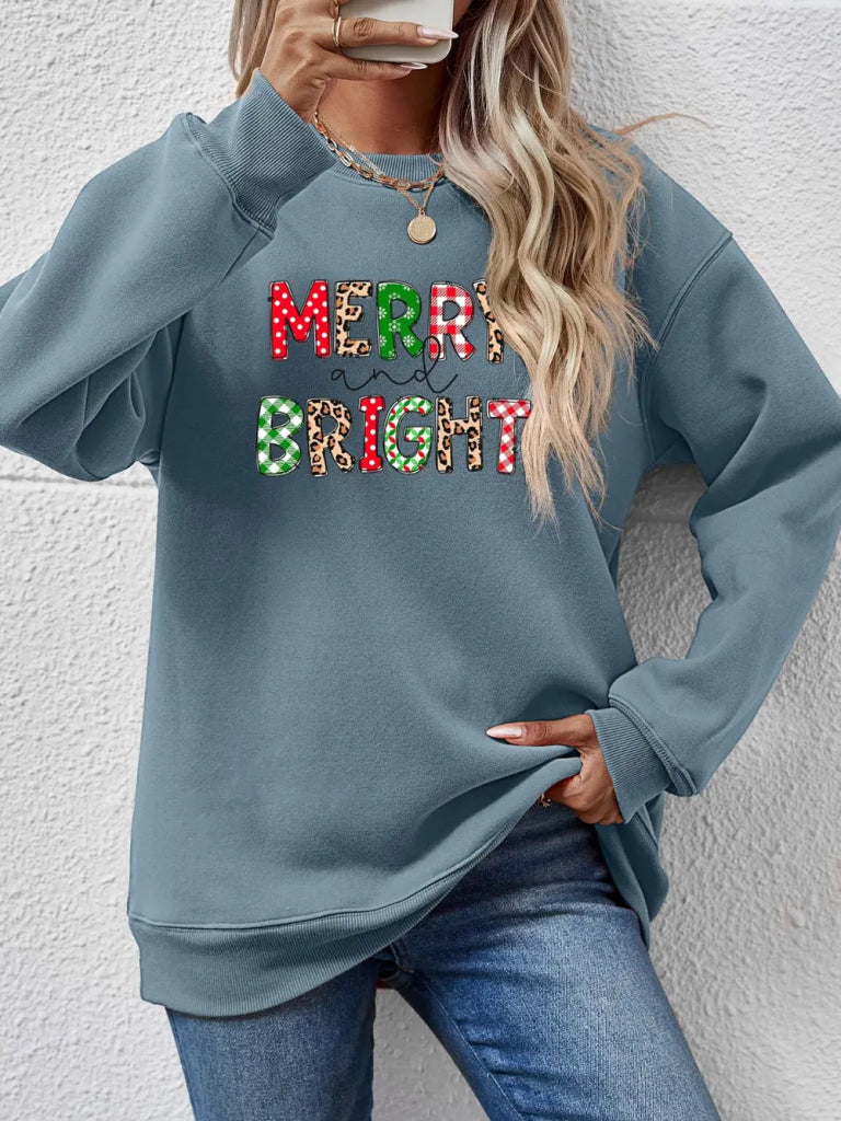 MERRY AND BRIGHT Round Neck Sweatshirt - Teal by Trendsi from FREYA’S CLOSET