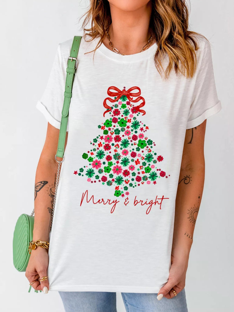 Merry & Bright Floral Christmas Tree Graphic T Shirt - White by Trendsi from FREYA’S CLOSET