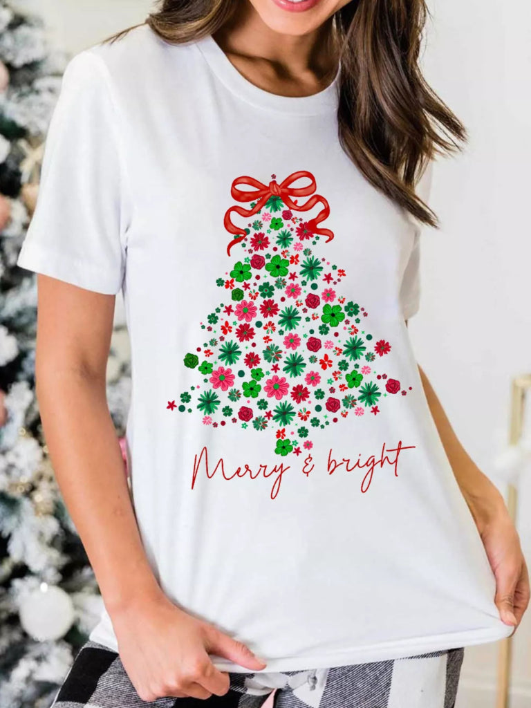 Merry & Bright Floral Christmas Tree Graphic T Shirt - White by Trendsi from FREYA’S CLOSET