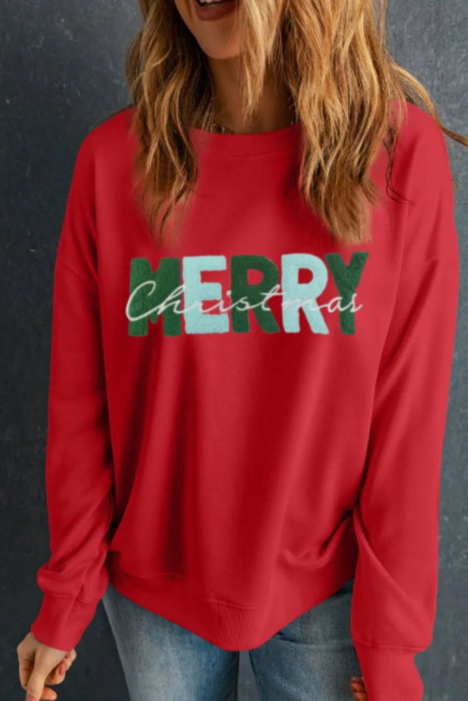 MERRY CHRISTMAS Contrast Long Sleeve Sweatshirt - Deep Red by Trendsi from FREYA’S CLOSET