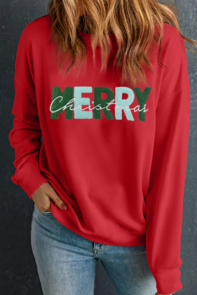 MERRY CHRISTMAS Contrast Long Sleeve Sweatshirt - Deep Red by Trendsi from FREYA’S CLOSET