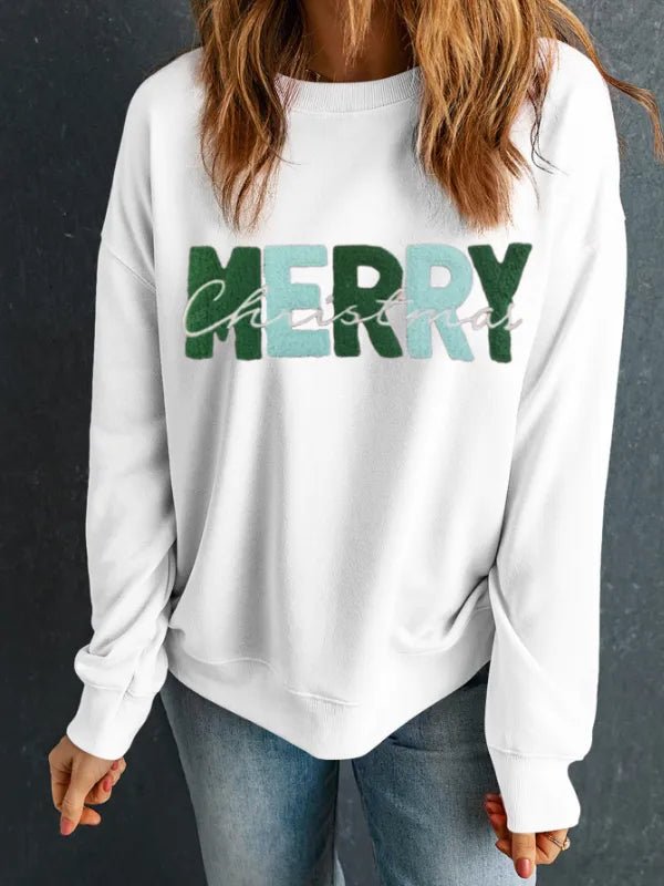 MERRY CHRISTMAS Contrast Long Sleeve Sweatshirt - White by Trendsi from FREYA’S CLOSET
