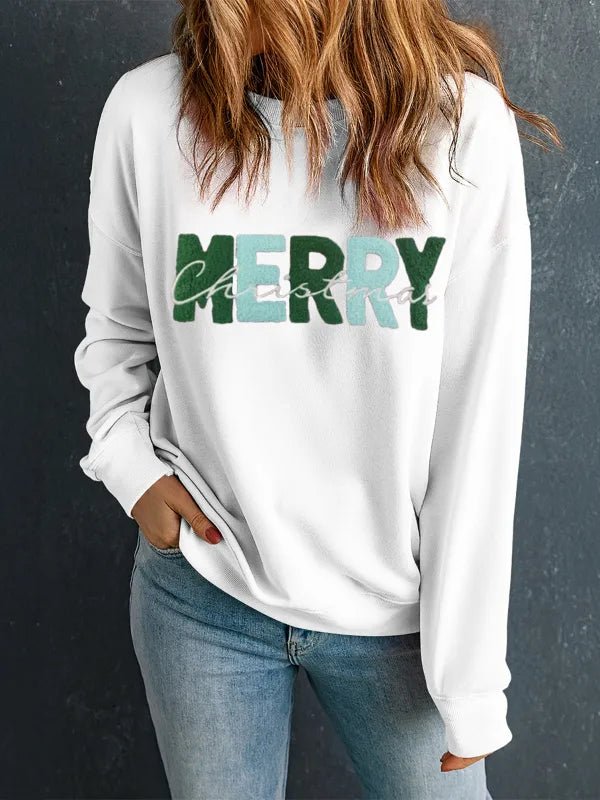 MERRY CHRISTMAS Contrast Long Sleeve Sweatshirt - White by Trendsi from FREYA’S CLOSET