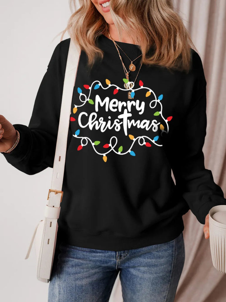 MERRY CHRISTMAS Dropped Shoulder Long Sleeve Sweatshirt - Black by Trendsi from FREYA’S CLOSET