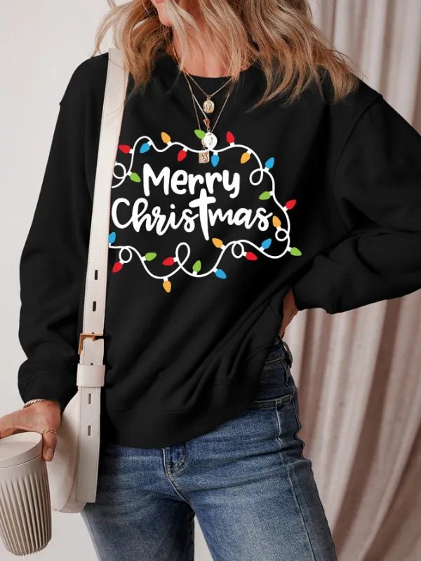 MERRY CHRISTMAS Dropped Shoulder Long Sleeve Sweatshirt - Black by Trendsi from FREYA’S CLOSET
