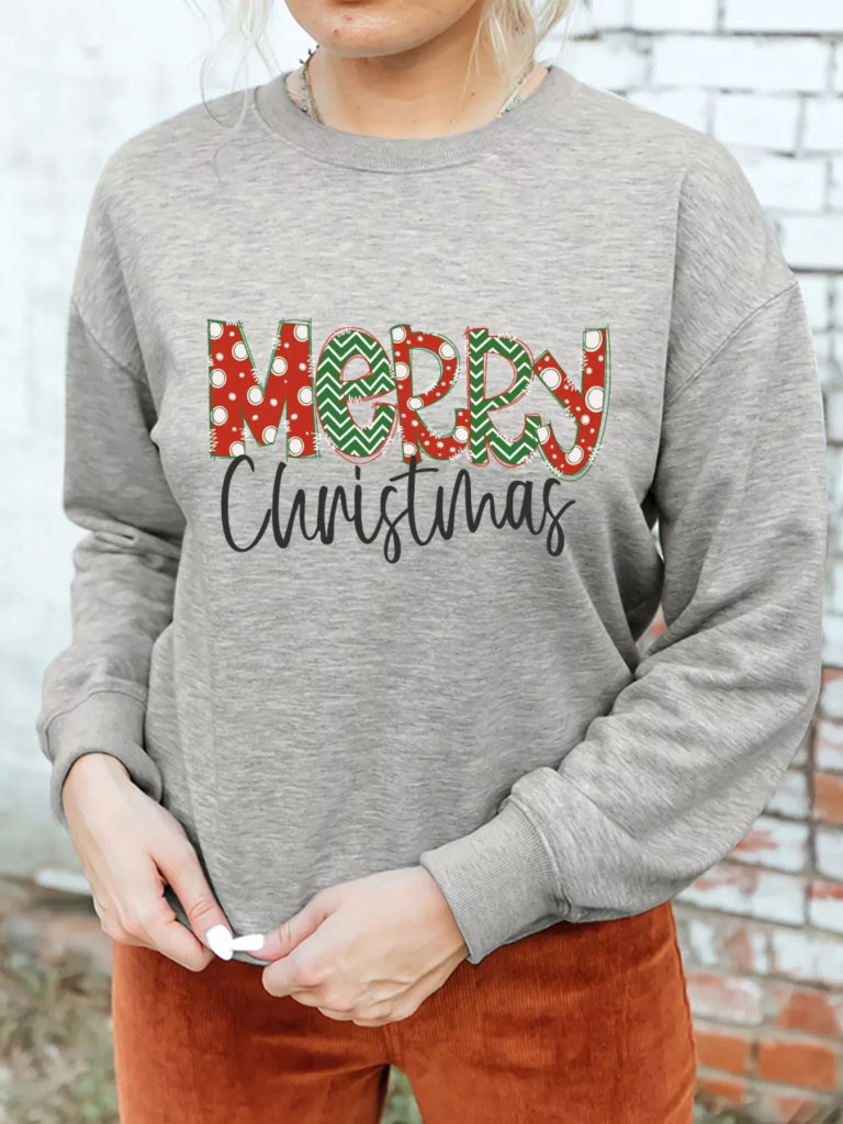 Merry Christmas Festive Letter Print Drop Shoulder Sweatshirt - Gray by Trendsi from FREYA’S CLOSET
