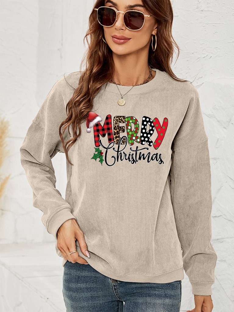 MERRY CHRISTMAS Graphic Sweatshirt - Beige by Trendsi from FREYA’S CLOSET