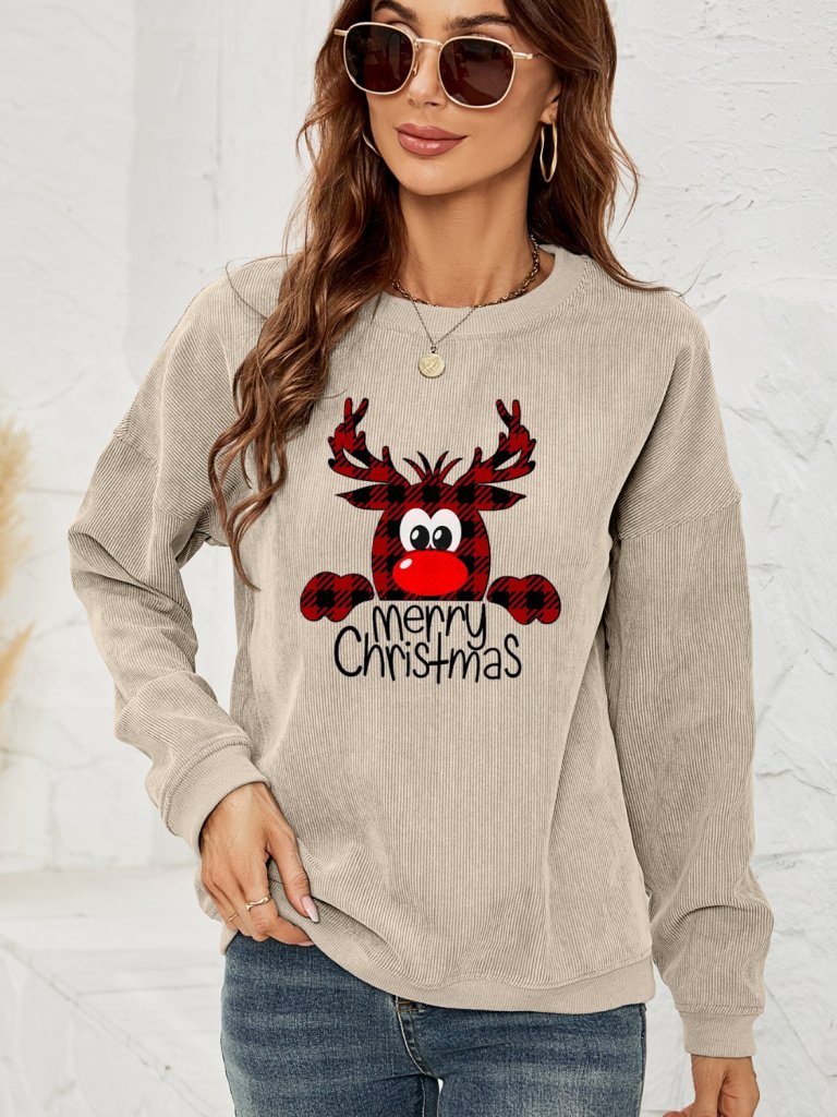 MERRY CHRISTMAS Graphic Sweatshirt - Beige by Trendsi from FREYA’S CLOSET