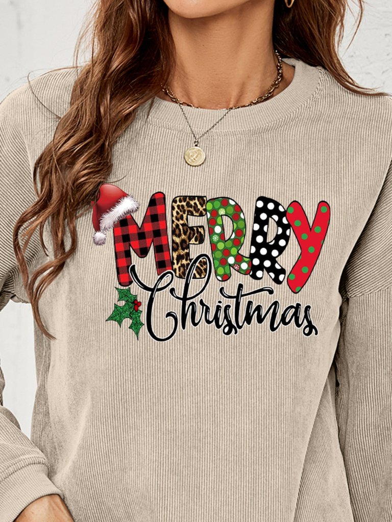 MERRY CHRISTMAS Graphic Sweatshirt - Beige by Trendsi from FREYA’S CLOSET