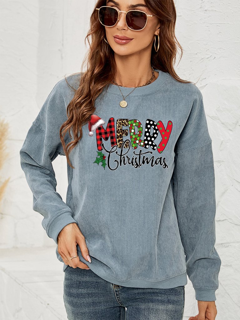 MERRY CHRISTMAS Graphic Sweatshirt - Misty Blue by Trendsi from FREYA’S CLOSET