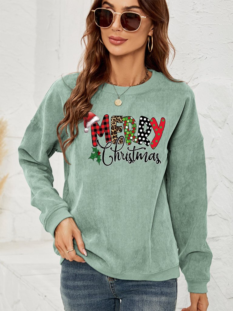 MERRY CHRISTMAS Graphic Sweatshirt - Sage by Trendsi from FREYA’S CLOSET