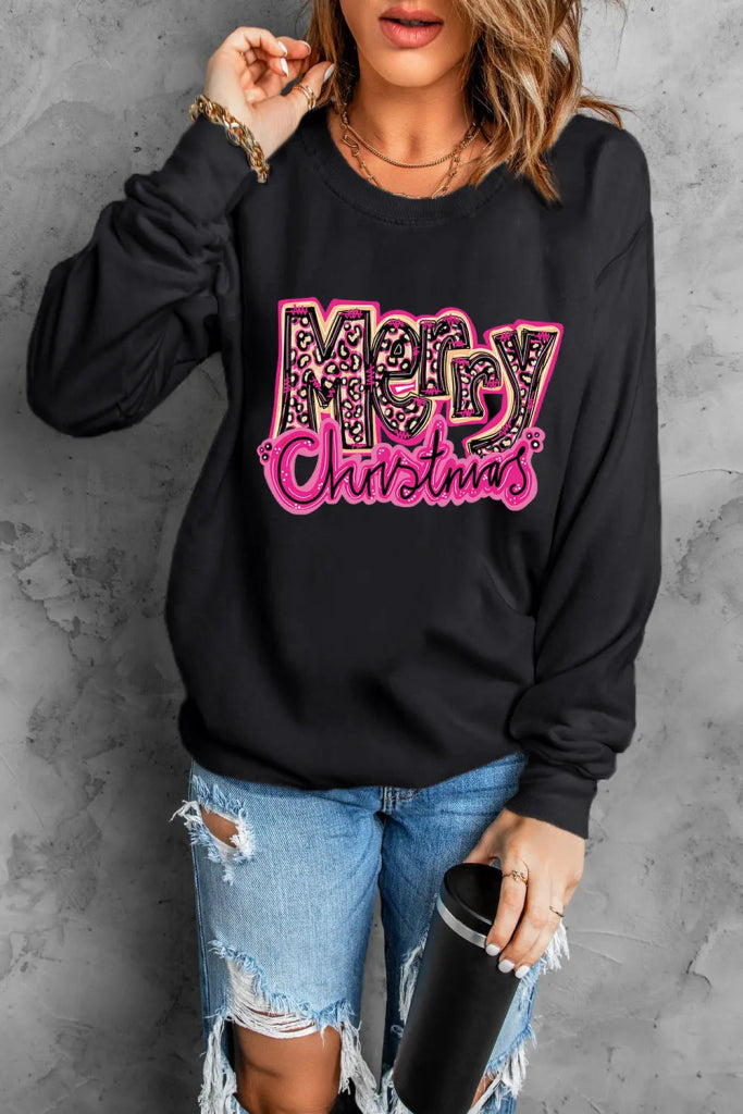 MERRY CHRISTMAS Long Sleeve Sweatshirt - Black by Trendsi from FREYA’S CLOSET