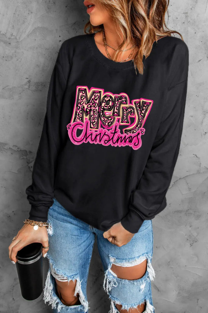 MERRY CHRISTMAS Long Sleeve Sweatshirt - Black by Trendsi from FREYA’S CLOSET