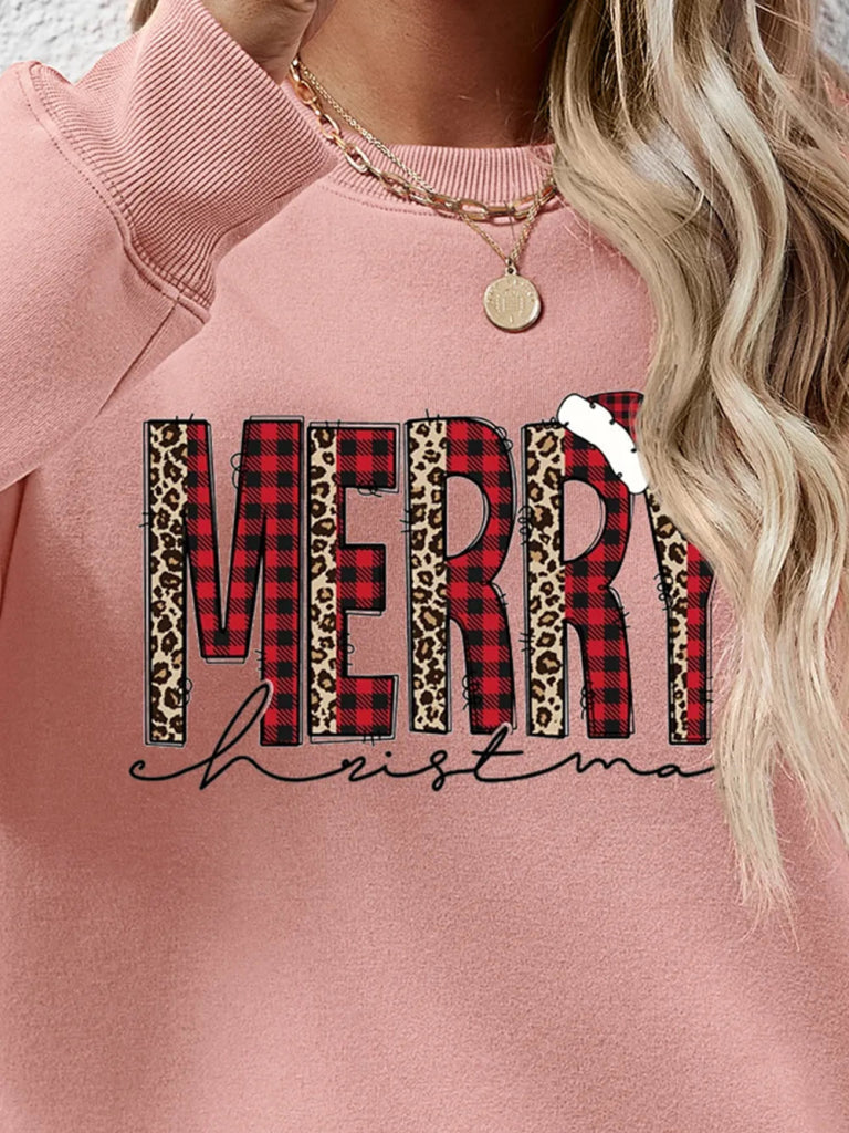 MERRY CHRISTMAS Round Neck Long Sleeve Sweatshirt - Blush Pink by Trendsi from FREYA’S CLOSET