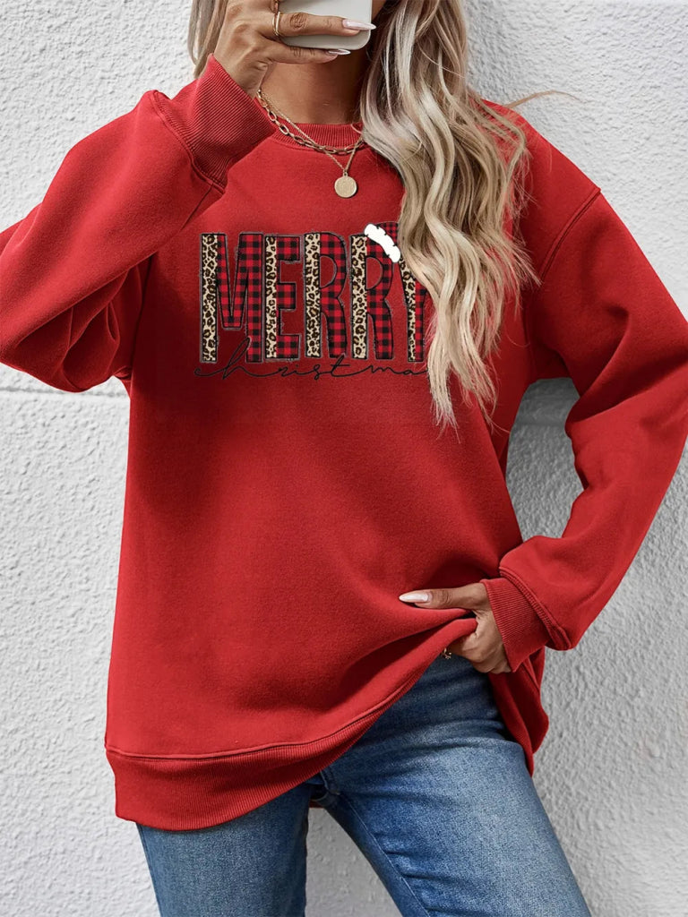 MERRY CHRISTMAS Round Neck Long Sleeve Sweatshirt - Deep Red by Trendsi from FREYA’S CLOSET