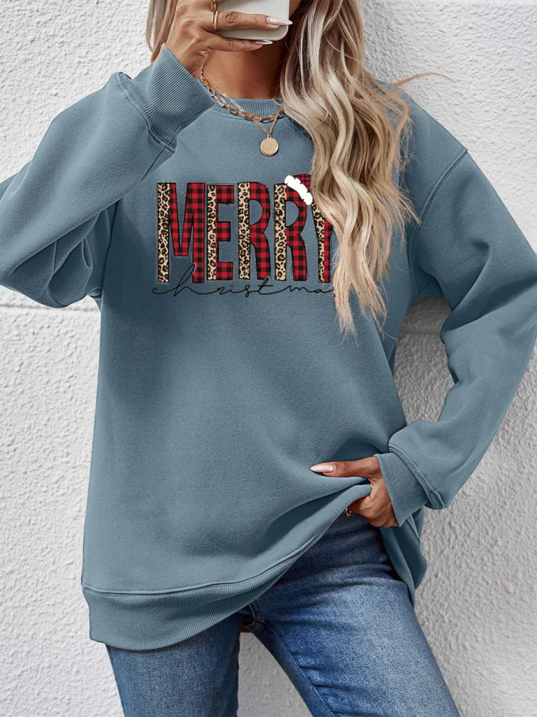 MERRY CHRISTMAS Round Neck Long Sleeve Sweatshirt - French Blue by Trendsi from FREYA’S CLOSET