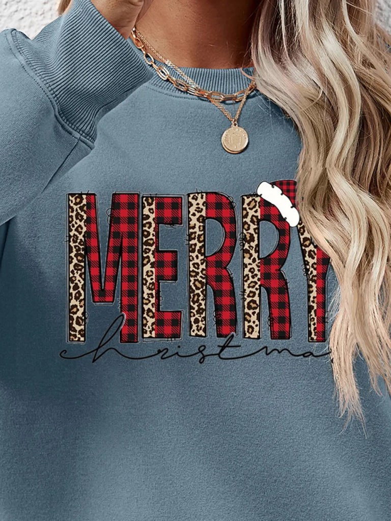 MERRY CHRISTMAS Round Neck Long Sleeve Sweatshirt - French Blue by Trendsi from FREYA’S CLOSET