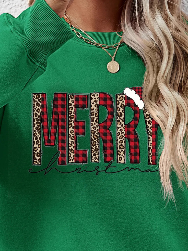 MERRY CHRISTMAS Round Neck Long Sleeve Sweatshirt - Green by Trendsi from FREYA’S CLOSET