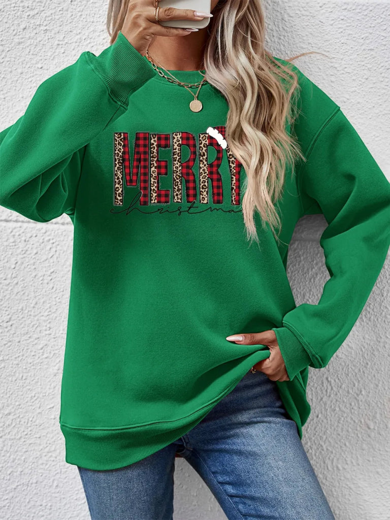 MERRY CHRISTMAS Round Neck Long Sleeve Sweatshirt - Green by Trendsi from FREYA’S CLOSET