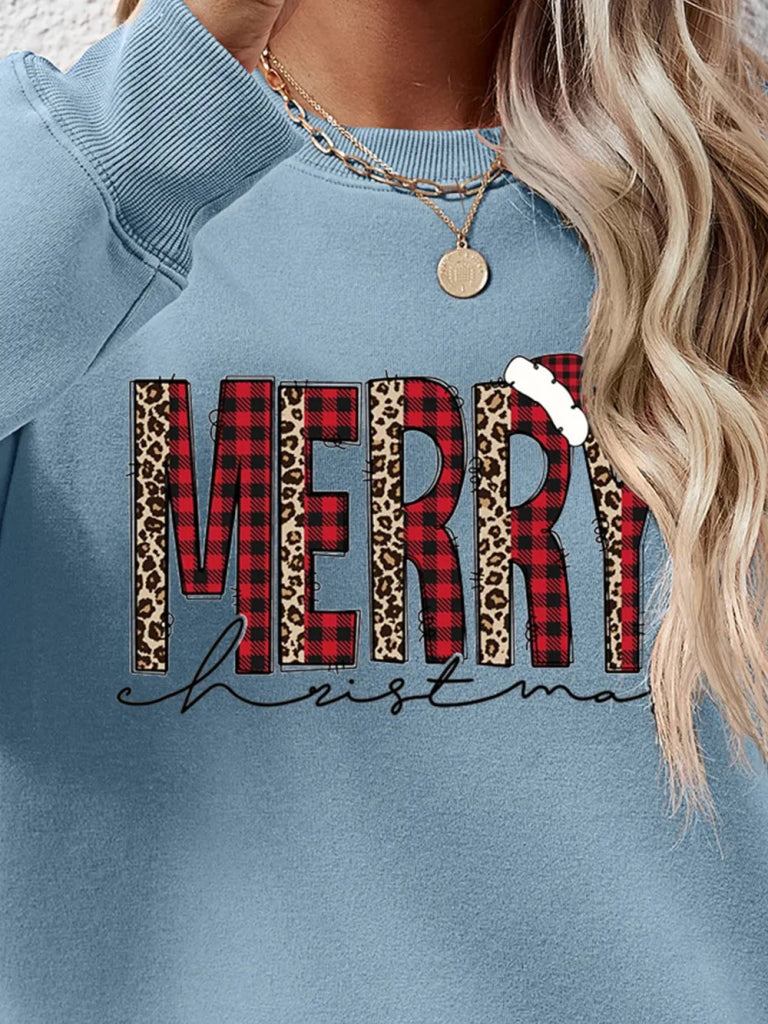 MERRY CHRISTMAS Round Neck Long Sleeve Sweatshirt - Misty Blue by Trendsi from FREYA’S CLOSET