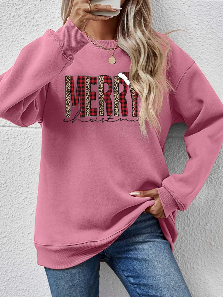 MERRY CHRISTMAS Round Neck Long Sleeve Sweatshirt - Moonlit Mauve by Trendsi from FREYA’S CLOSET