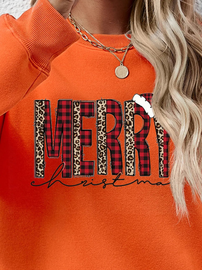 MERRY CHRISTMAS Round Neck Long Sleeve Sweatshirt - Pumpkin by Trendsi from FREYA’S CLOSET