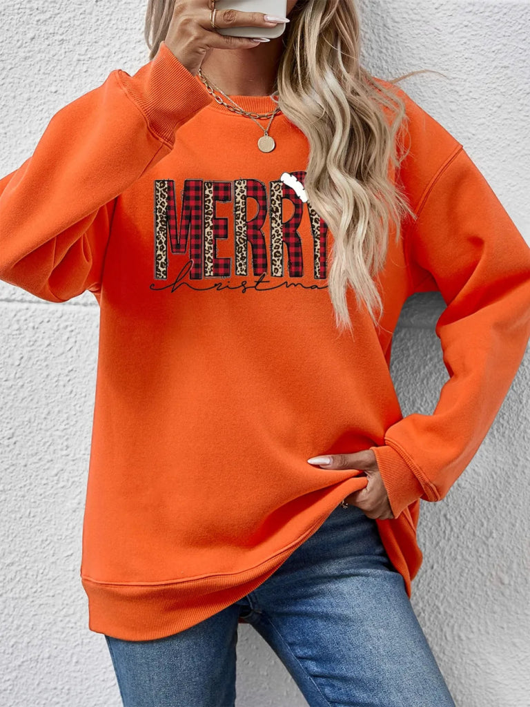 MERRY CHRISTMAS Round Neck Long Sleeve Sweatshirt - Pumpkin by Trendsi from FREYA’S CLOSET