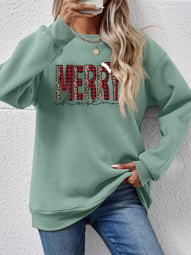 MERRY CHRISTMAS Round Neck Long Sleeve Sweatshirt - Sage by Trendsi from FREYA’S CLOSET
