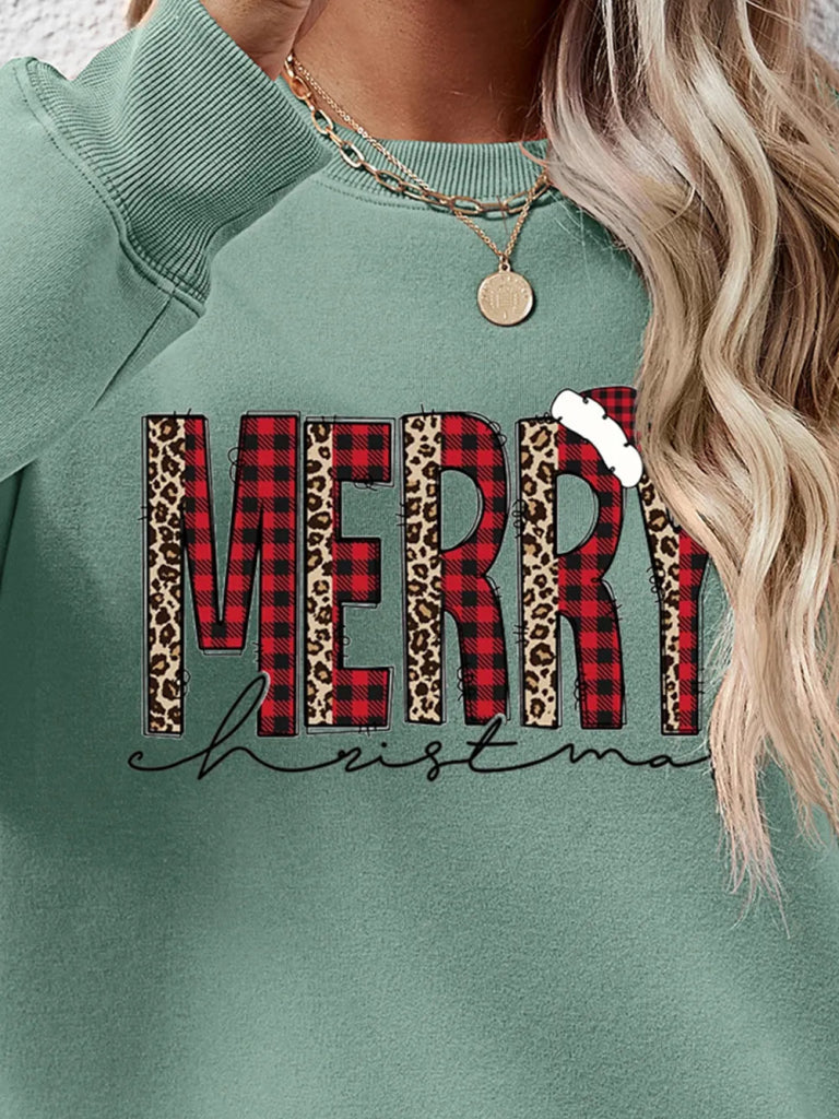 MERRY CHRISTMAS Round Neck Long Sleeve Sweatshirt - Sage by Trendsi from FREYA’S CLOSET