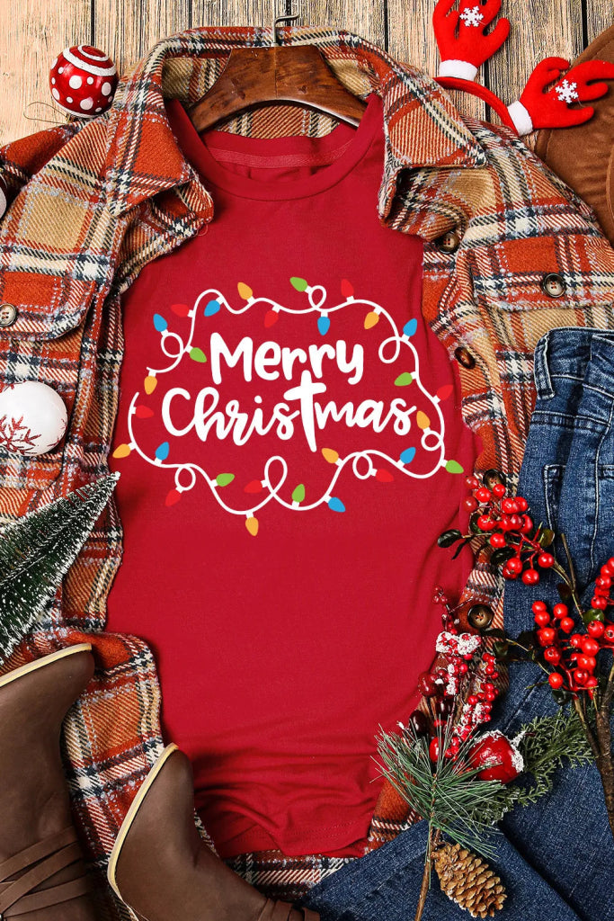 MERRY CHRISTMAS Round Neck Short Sleeve T-Shirt - Deep Red by Trendsi from FREYA’S CLOSET