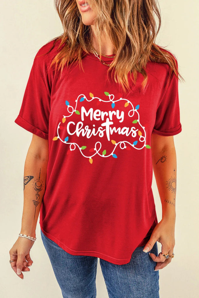 MERRY CHRISTMAS Round Neck Short Sleeve T-Shirt - Deep Red by Trendsi from FREYA’S CLOSET
