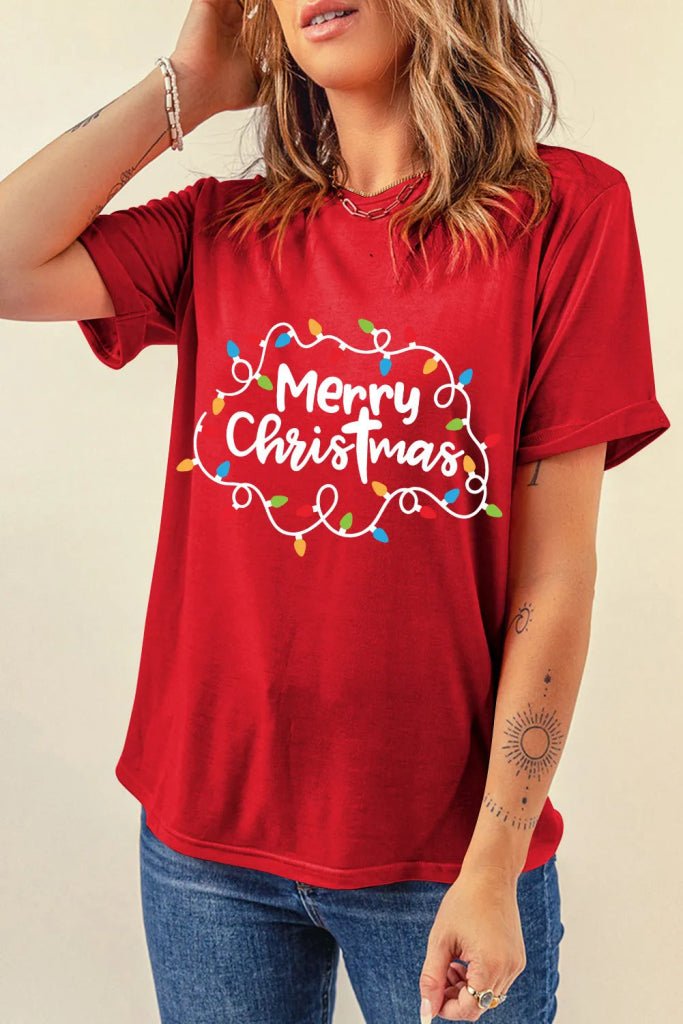 MERRY CHRISTMAS Round Neck Short Sleeve T-Shirt - Deep Red by Trendsi from FREYA’S CLOSET