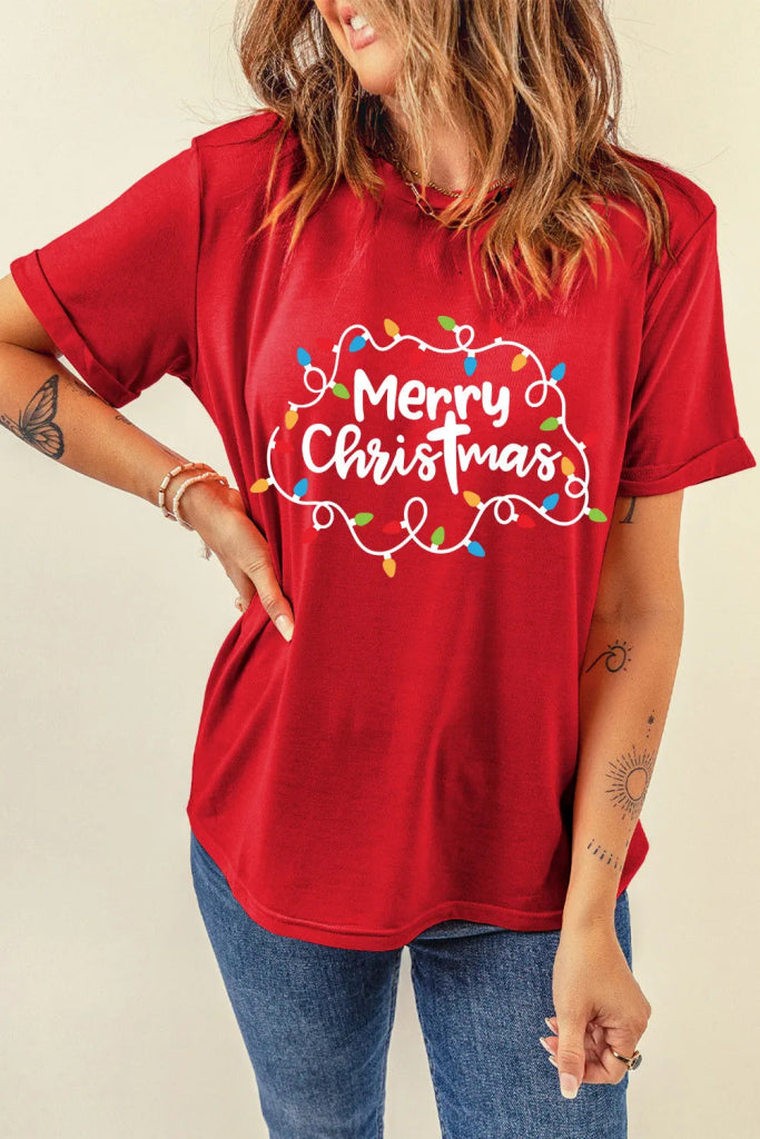 MERRY CHRISTMAS Round Neck Short Sleeve T-Shirt - Deep Red by Trendsi from FREYA’S CLOSET