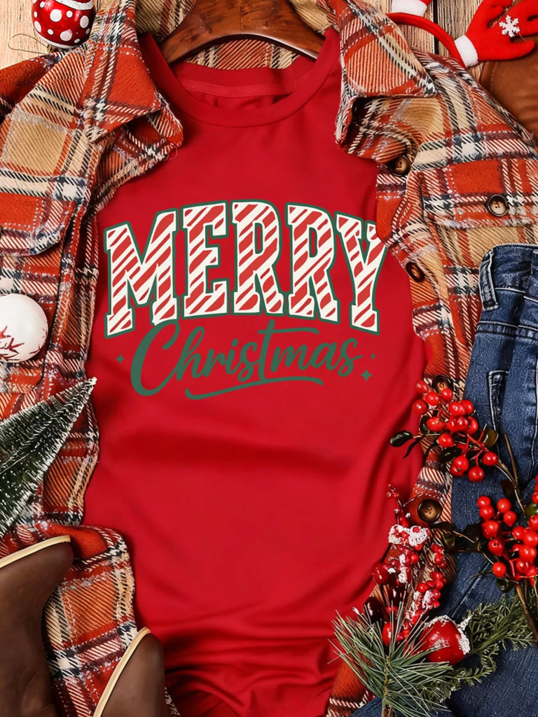 Merry Christmas Short Sleeve Graphic Tee - Scarlet by Trendsi from FREYA’S CLOSET