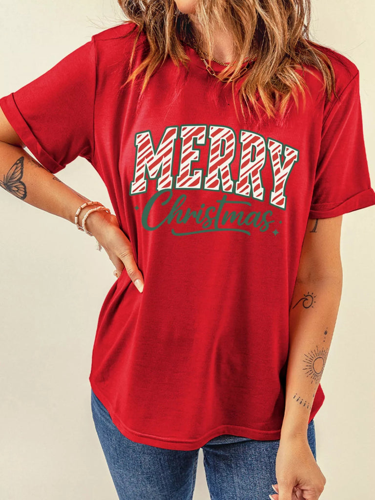 Merry Christmas Short Sleeve Graphic Tee - Scarlet by Trendsi from FREYA’S CLOSET