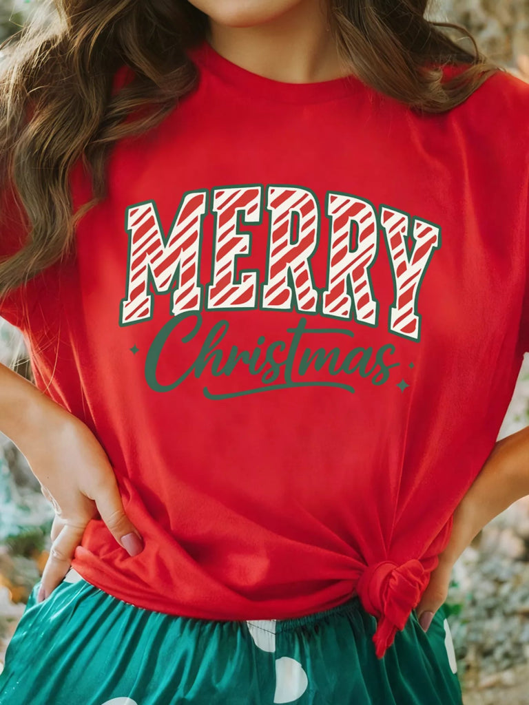 Merry Christmas Short Sleeve Graphic Tee - Scarlet by Trendsi from FREYA’S CLOSET