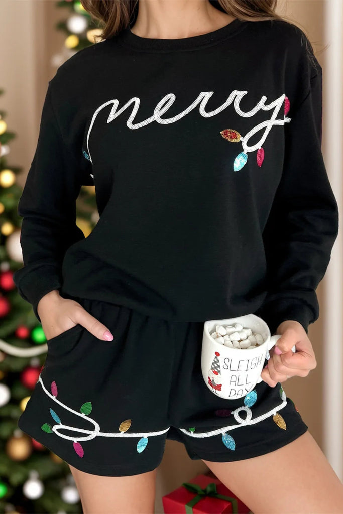MERRY Sequin Round Neck Long Sleeve Top and Shorts Set - Black by Trendsi from FREYA’S CLOSET