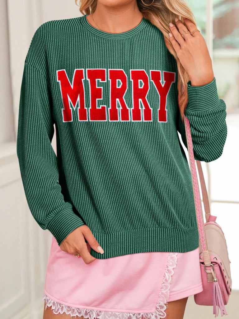 Merry Twisted Rib Christmas Loose Long Sleeve Top - Dark Green by Trendsi from FREYA’S CLOSET