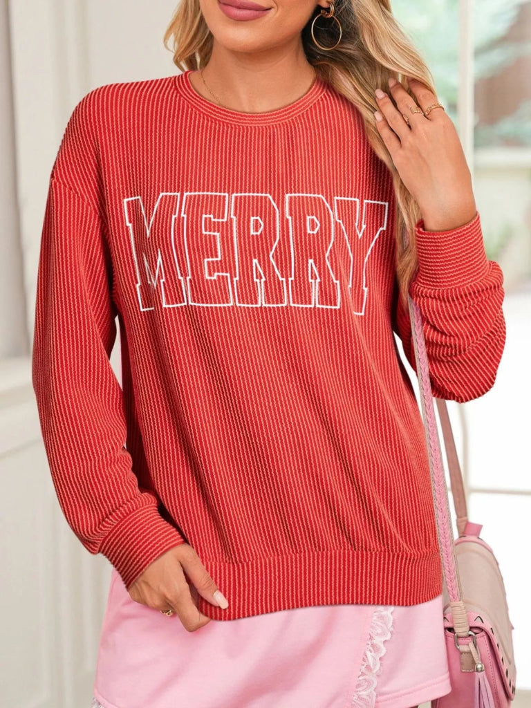 Merry Twisted Rib Christmas Loose Long Sleeve Top - Red by Trendsi from FREYA’S CLOSET